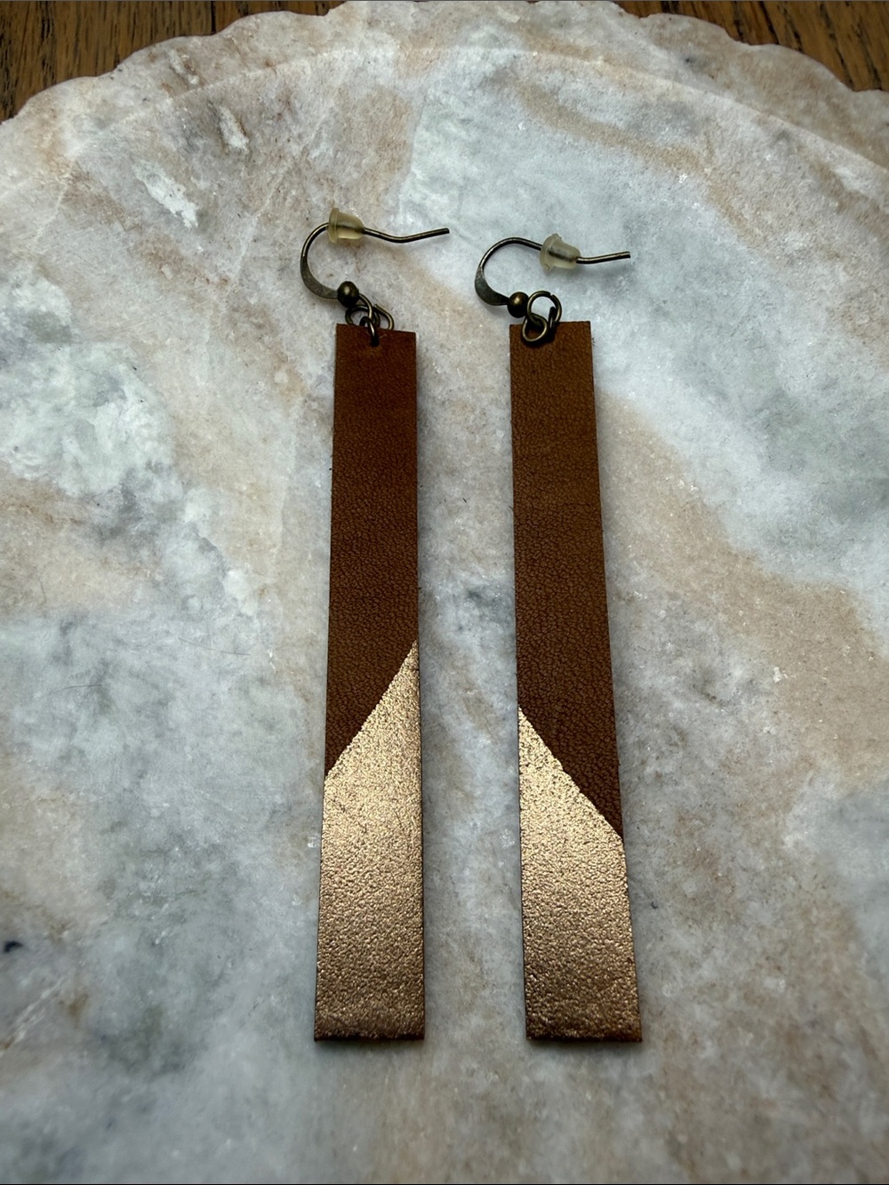 Artisan Handcrafted Tan Leather Drop Bar Lightweight Earrings